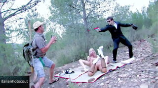 two beautiful sluts are discovered and fucked by two males outdoor fuck